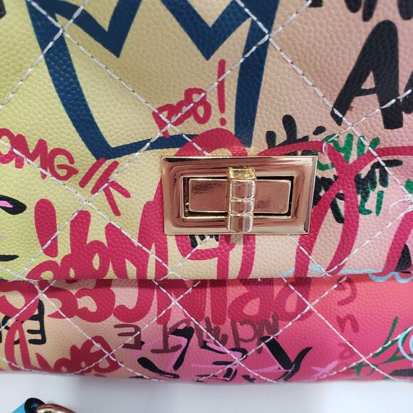 Colorful Graffiti Quilted Shoulder Purse / Satchel, Approx. 12 x 7 x 5 - Picture 3 of 10